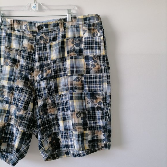 CHAPS Mens Indian Madras Patchwork Blue High Rise Cotton Chino Shorts Size 42 - Picture 2 of 6